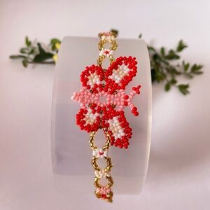 Chic Beaded Butterfly Bracelet in Red, gold and Pink